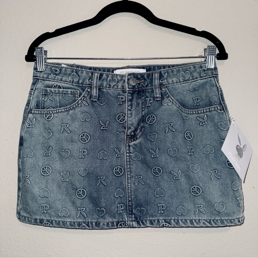 Playboy Y2K Monogram Denim Mini Skirt Size 7 Embroidered Logo Blue Jean Low Rise